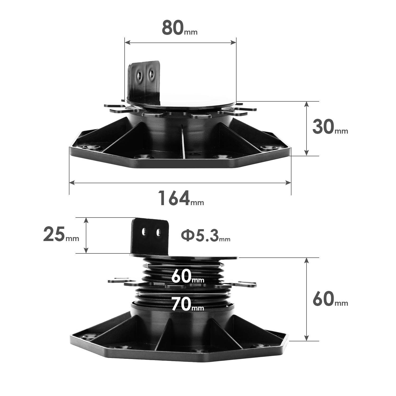 Zwei mechanische Teile mit Abmessungen: Das obere Teil zeigt eine Breite von 80 mm, eine Höhe von 30 mm und eine Basis von 164 mm; Das untere Teil hat eine Höhe von 60 mm, eine Breite von 70 mm und eine Seitenlänge von 25 mm.