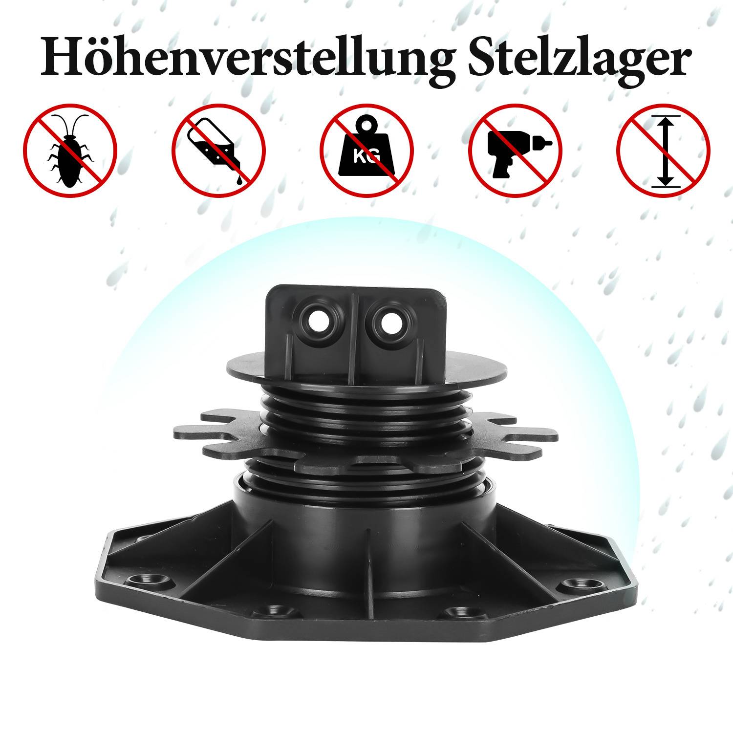 Verstellbare Stützbasis mit Symbolen für Insektenschutz, Rostschutz, Antistatik und Feuchtigkeitsschutz, mit deutschen Beschriftungen.