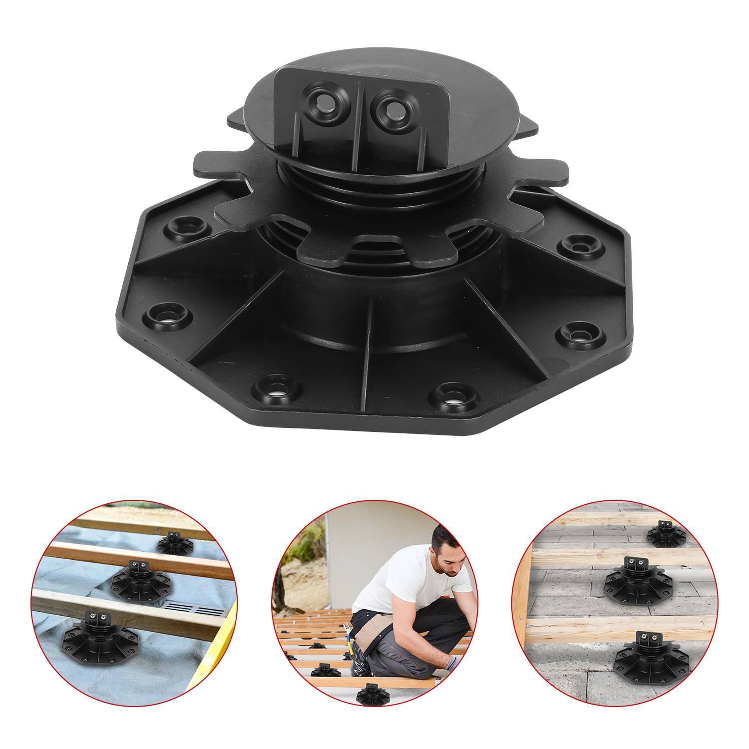 Verstellbare Kunststoffdeckenstütze; kreisförmige Basis mit zentraler Schraube. Die Bilder unten zeigen den Installationsprozess und die Stützen unter Holzbalken.