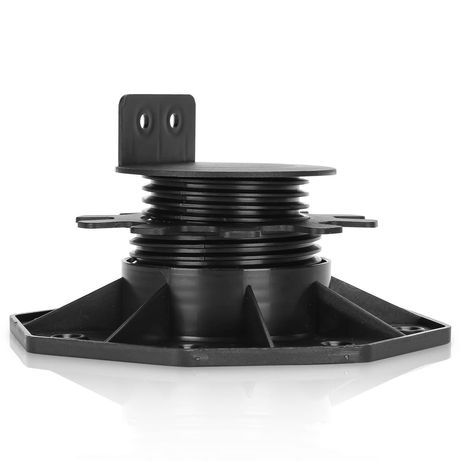 Industrielle schwarze Kunststoffkomponente mit spiralförmigem Design und Befestigungslöchern, wahrscheinlich für mechanische oder Konstruktionszwecke.