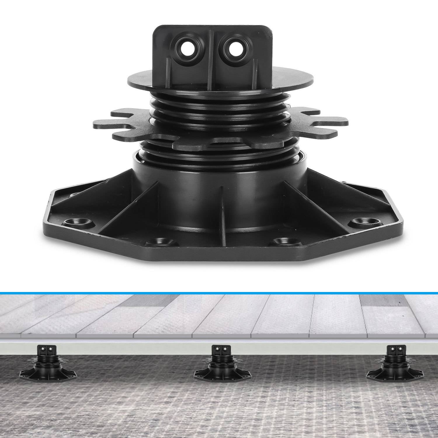 Ein verstellbarer Stützfuß für Holzbeläge, der zum Nivellieren und Stützen von Holzbelagsdielen verwendet wird, abgebildet unter einer Reihe von erhobenen Außenholzbelägen.