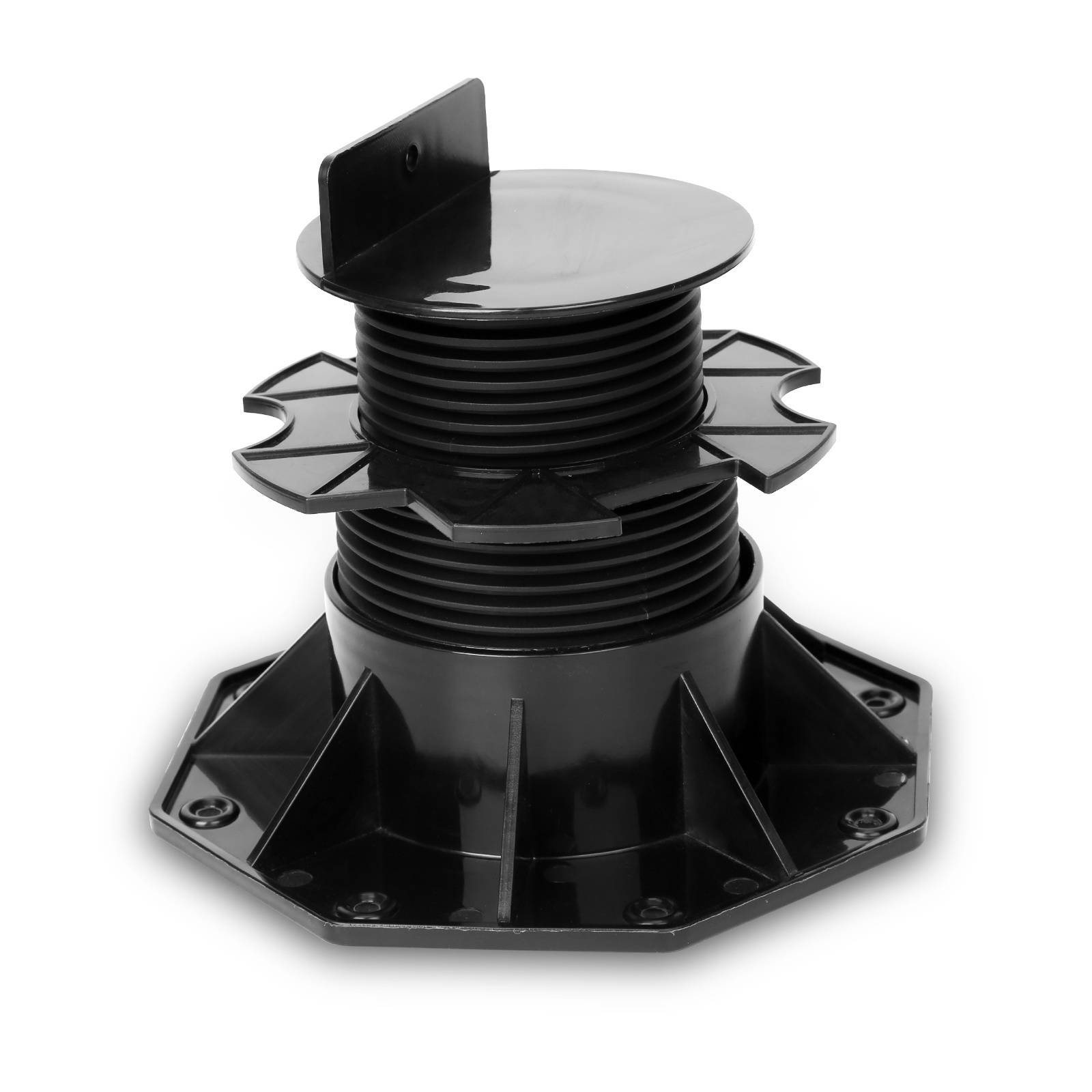 Verstellbares Postament für Bodenbeläge mit kreisförmiger Basis und gewindeltem mittleren Abschnitt zur Höhenverstellung, was die Stützstabilität verbessert.