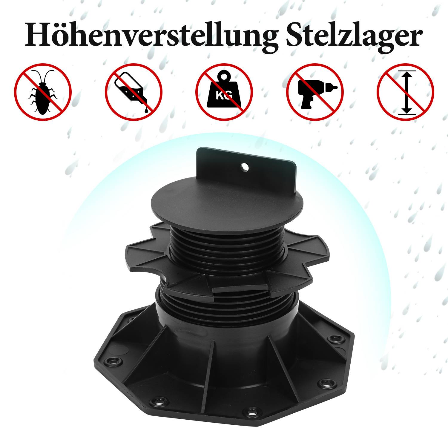 Verstellbarer Sockel mit Symbolen, die Schutz vor Insekten, Feuchtigkeit, Korrosion, mechanischen Beschädigungen und Kippinstabilität anzeigen.