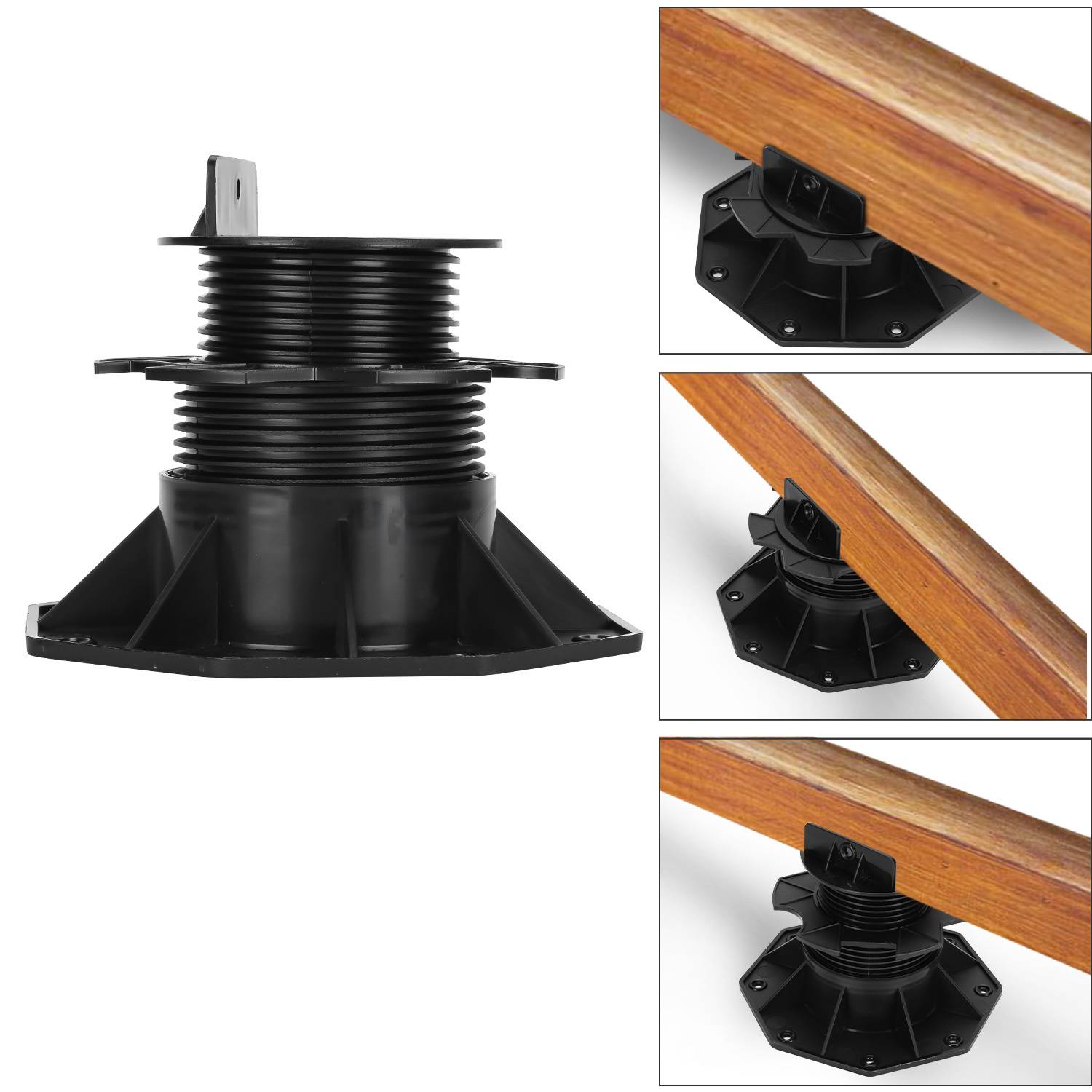 Verstellbares Verlegungspodest mit einem darauf platzierten Holzbalken, dargestellt aus verschiedenen Blickwinkeln. Eine schwarze Kunststoffbasis trägt den Balken sicher.