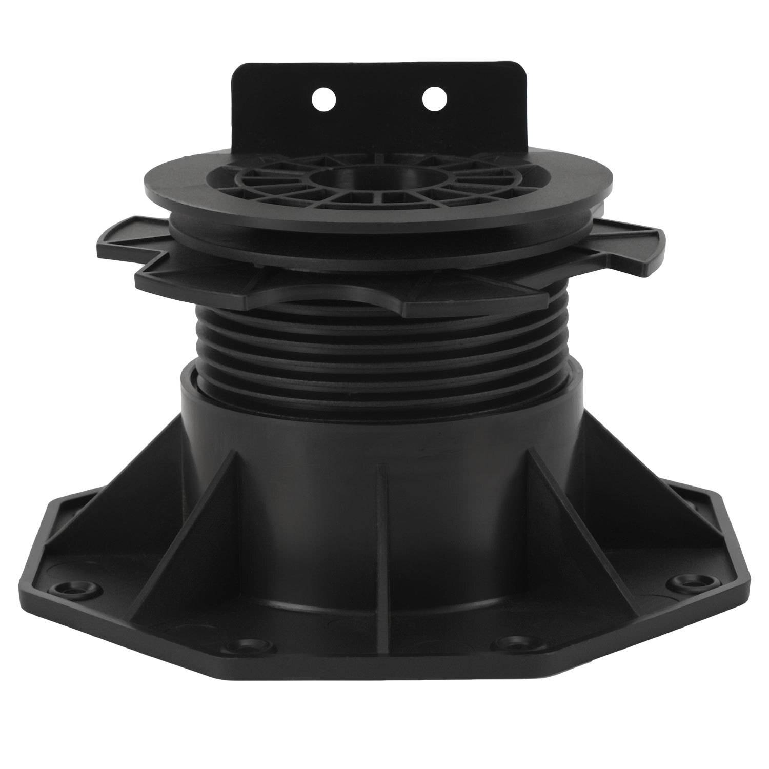 Schwarzer verstellbarer Deck-Ständer mit breiter Basis und Schraubmechanismus zur Höhenverstellung, verwendet bei Terrasseninstallationen.