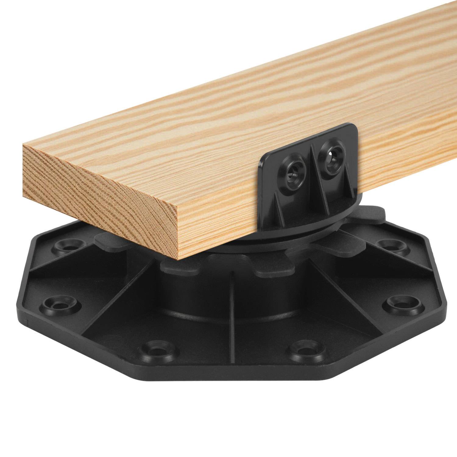 Ein Holzbalken, der auf einem schwarzen verstellbaren Sockel montiert ist, zeigt ein Baustützensystem.