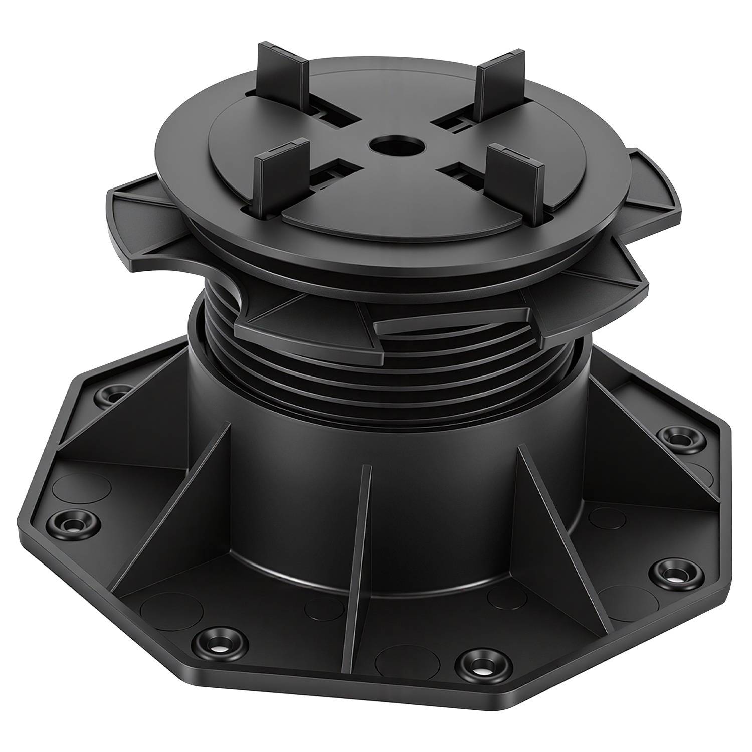 Schwarze verstellbare Deckstütze, gezeigt aus zwei Winkeln. Entwickelt für stabile Erhöhung von Oberflächen wie Holzdecks.