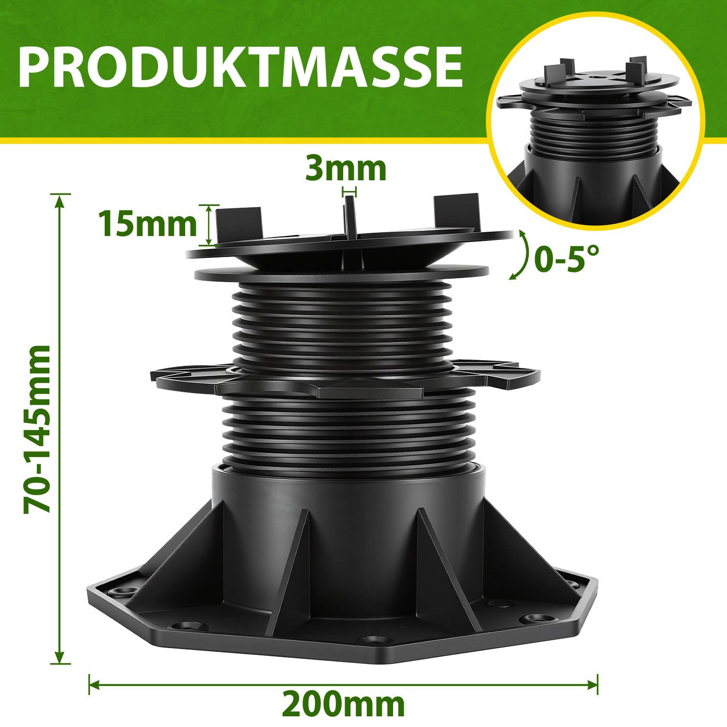 Ein verstellbarer schwarzer Pedestal für Terrassenbeläge, gekennzeichnet mit „PRODUKTMASSE