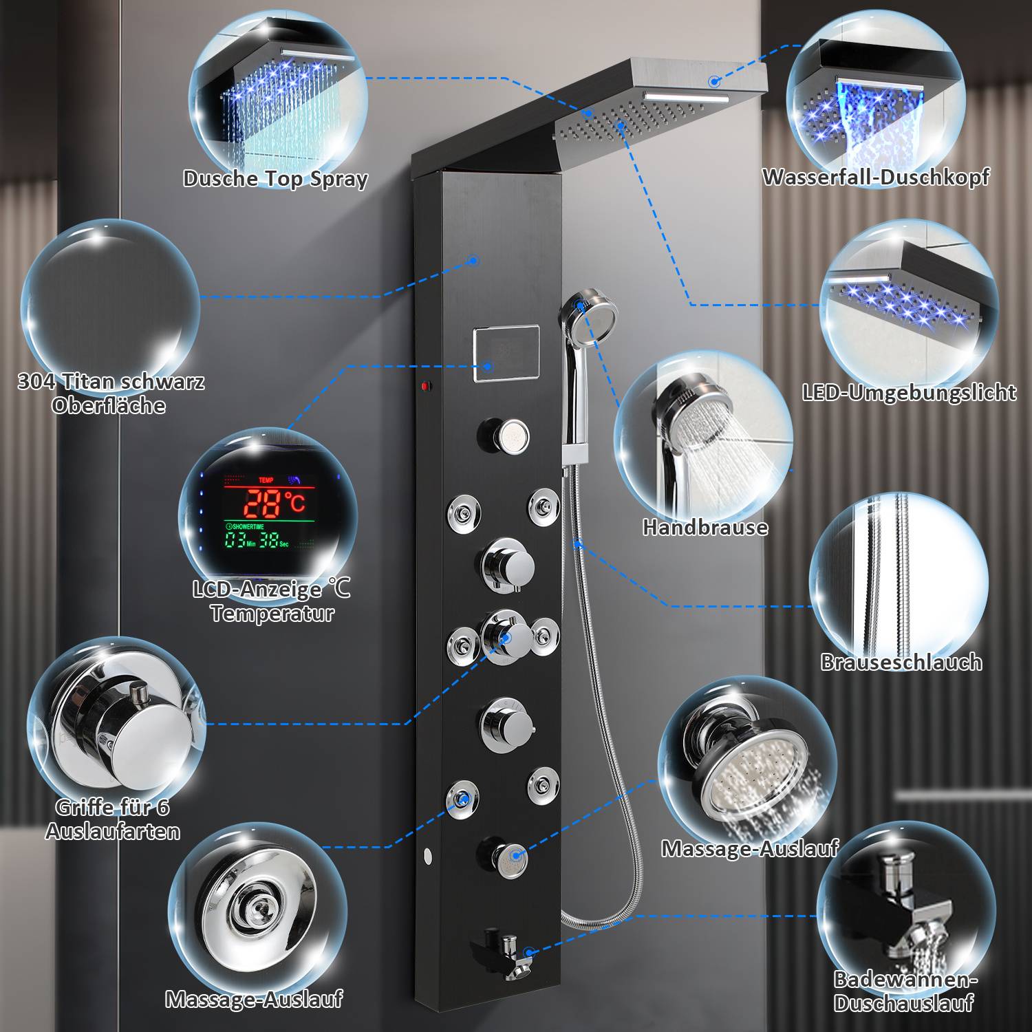 Duschpaneel mit mehreren Funktionen: Regenduschkopf, LED-Temperaturanzeige und Massagedüsen. Beinhaltet eine tragbare Handbrause.