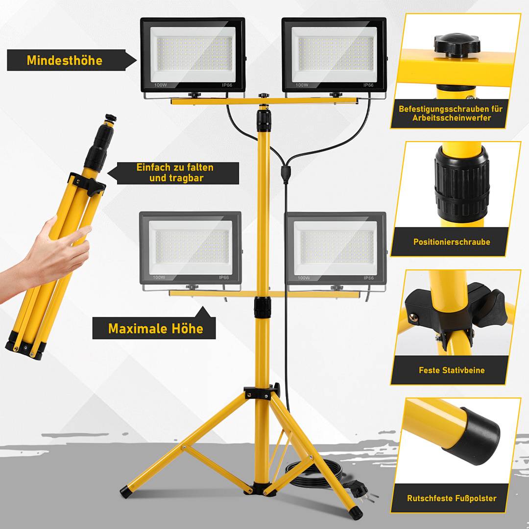 LED Baustrahler, 2x100W Strahler 6500K Kaltweiß, Strahler Fluter mit Stativ und 3m Kabel Stecker Arbeitsleuchte für Garage Baustelle