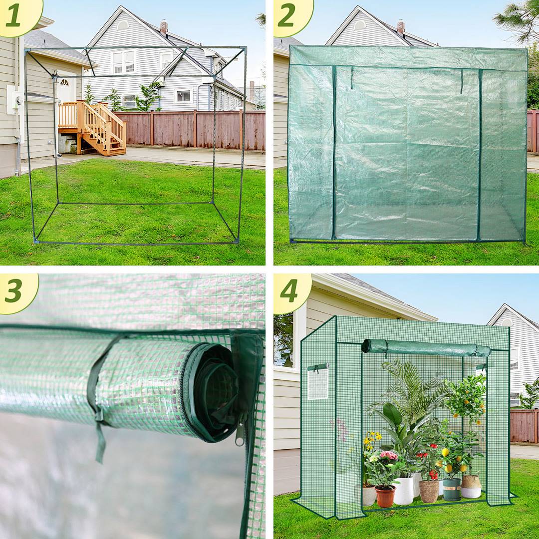 Vierschrittiger Prozess zum Aufbau eines Gartengewächshauses: 1. Stellen Sie das Gerüst zusammen. 2. Bringen Sie die Abdeckung an. 3. Sichern Sie die Abdeckung. 4. Füllen Sie es mit Pflanzen.