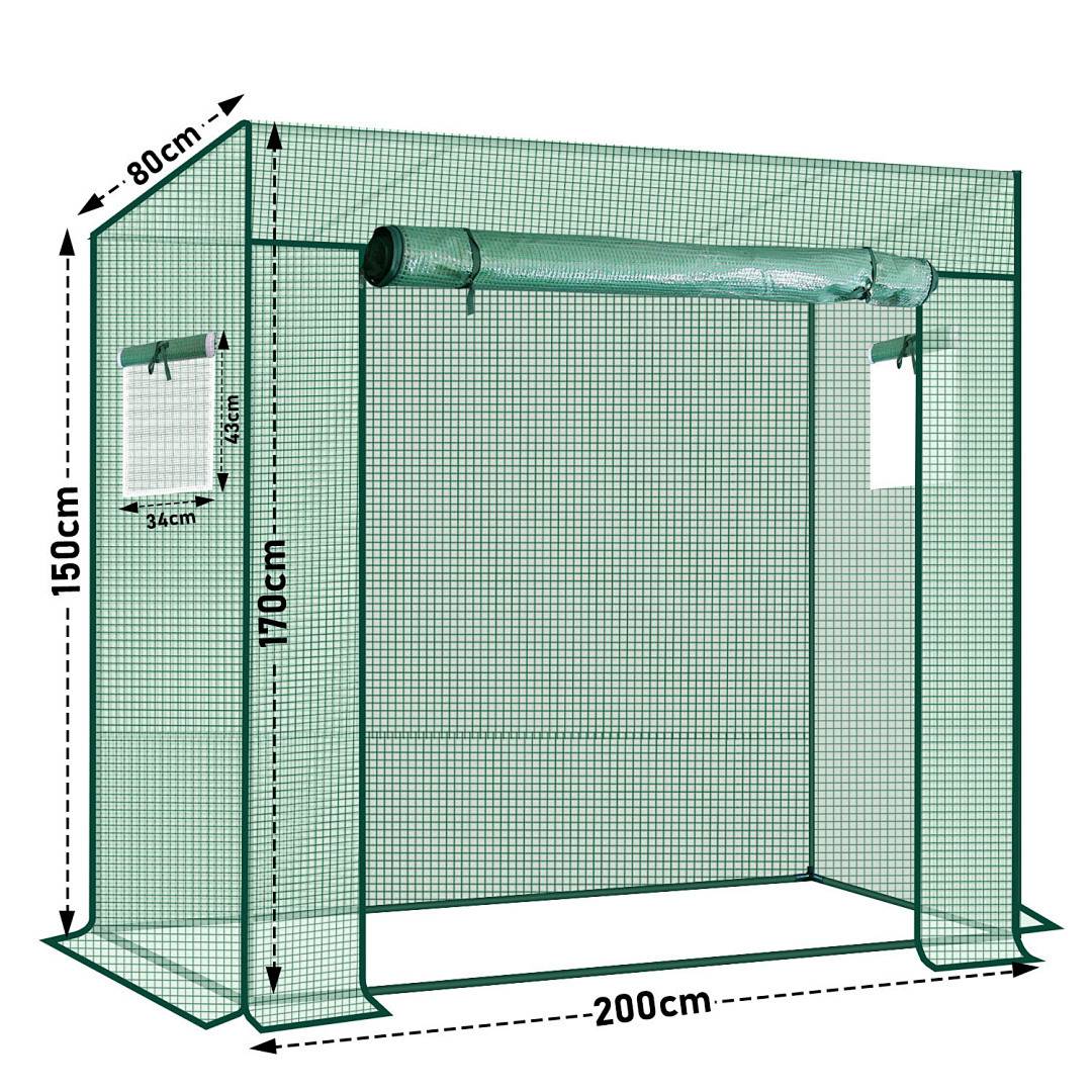 Gewächshaus mit Maschenabdeckung, mit den Maßen 200 cm × 170 cm × 80 cm. Verfügt über eine aufrollbare Tür und Seitenfenster für die Belüftung.