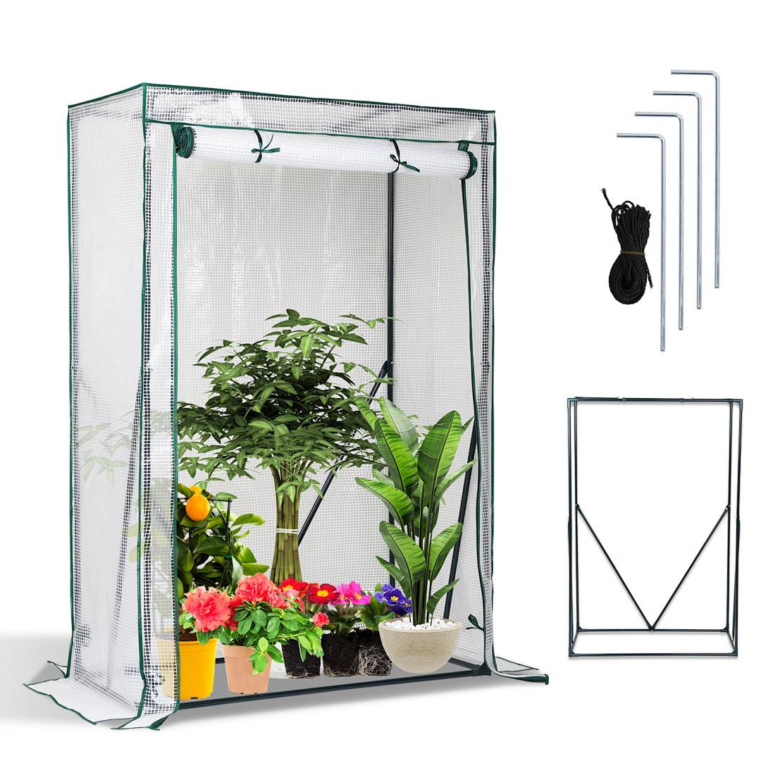Gewächshauszelt mit verschiedenen Topfpflanzen im Inneren, das einen Metallrahmen und Montagezubehör auf der Seite zeigt.