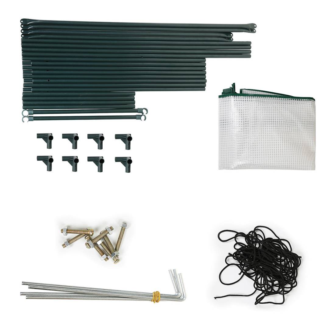 Zeltaufbaukit mit Stangen, Verbindungsstücken, Heringen, Seilen und einer Aufbewahrungstasche, geeignet für Camping im Freien oder Gartennutzung.