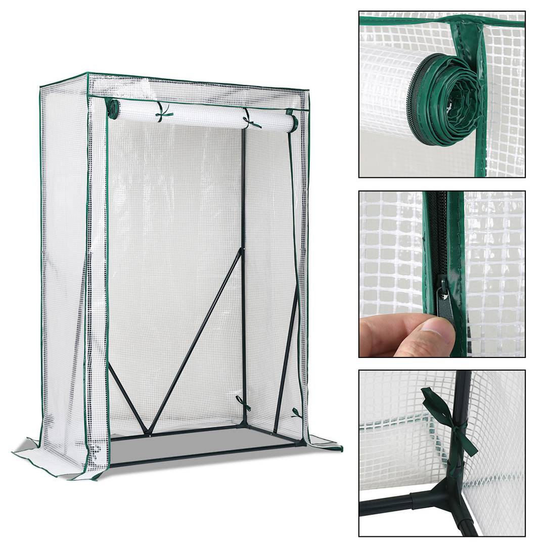 Ein transparentes Gewächshaus mit Reißverschlusstür, Rollup-Fenster und stabilem Rahmen zum Schutz von Pflanzen und für einfachen Zugang. Nahaufnahmen des Reißverschlusses und der Befestigungen.