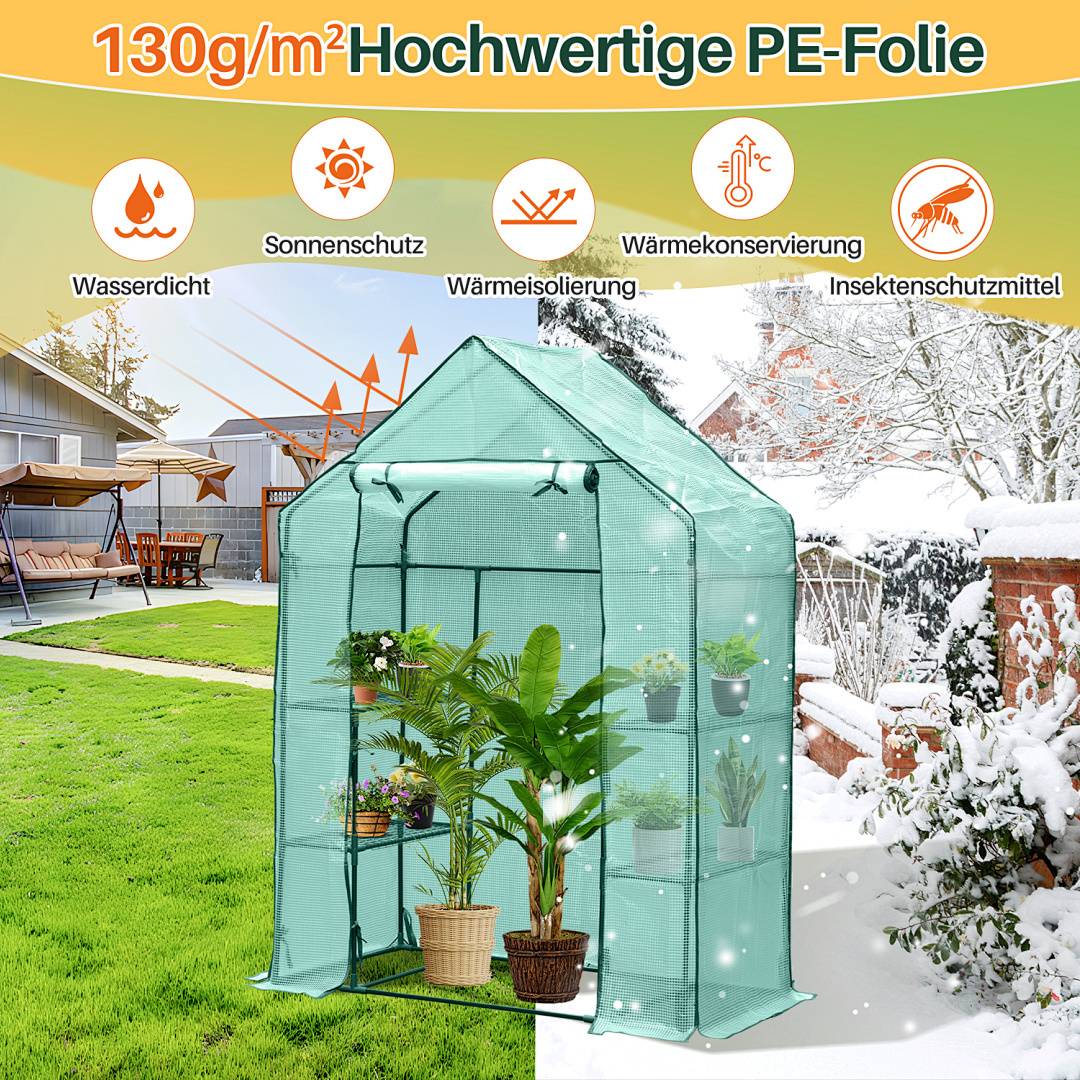 Ein Gewächshaus in einem verschneiten Garten; gekennzeichnete Merkmale umfassen Wasserdichtheit, Sonnenschutz, Wärmeisolierung, Wärmespeicherung und Insektenschutz.