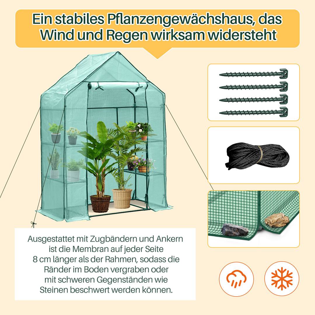 Ein stabiles Gewächshaus widersteht Wind und Regen. Enthält Verankerungsbänder, Membranschutz mit einer Ausdehnung von 8 cm und beschwerte Kanten.