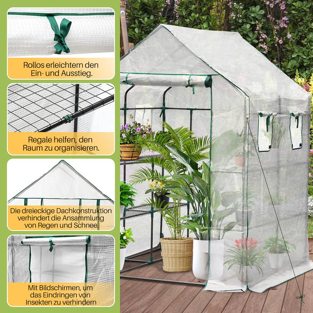 „Ein transparentes Gewächshaus mit Metallrahmen schützt Topfpflanzen. Ausschnitte zeigen Konstruktionsdetails und Text hebt Designmerkmale hervor.
