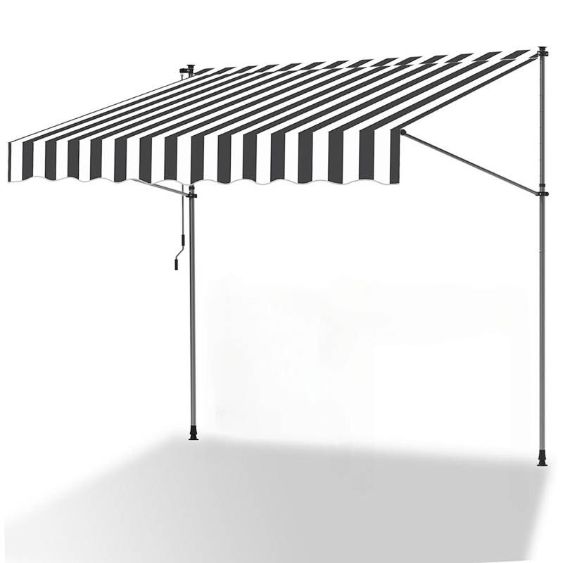 Ausfahrbare schwarz-weiß gestreifte Markise, nach außen ausgefahren, gestützt durch zwei Metallstangen auf jeder Seite.