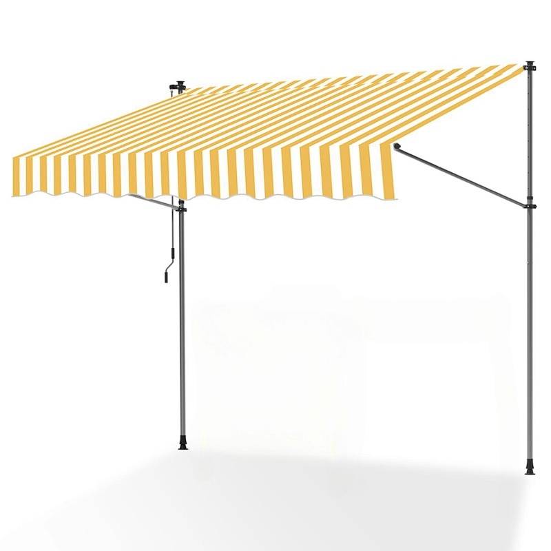 Gelb-weiß gestreiftes ausziehbares Markisensystem, das auf einem Metallrahmen montiert ist, mit einer Handkurbel an der Seite zur Verstellung.