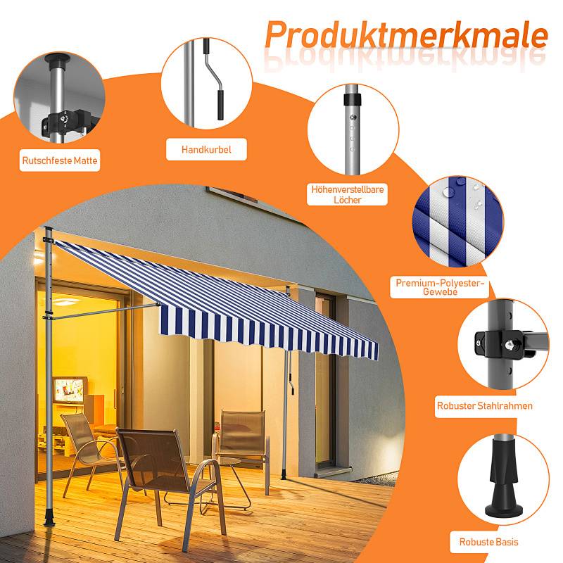 Das Bild zeigt eine gestreifte Markise über einer Terrasse mit Text, der Merkmale beschreibt: „Rutschfeste Matte, Handkurbel, verstellbare Höhe, Polyesterstoff, robuster Stahlrahmen, stabile Basis.
