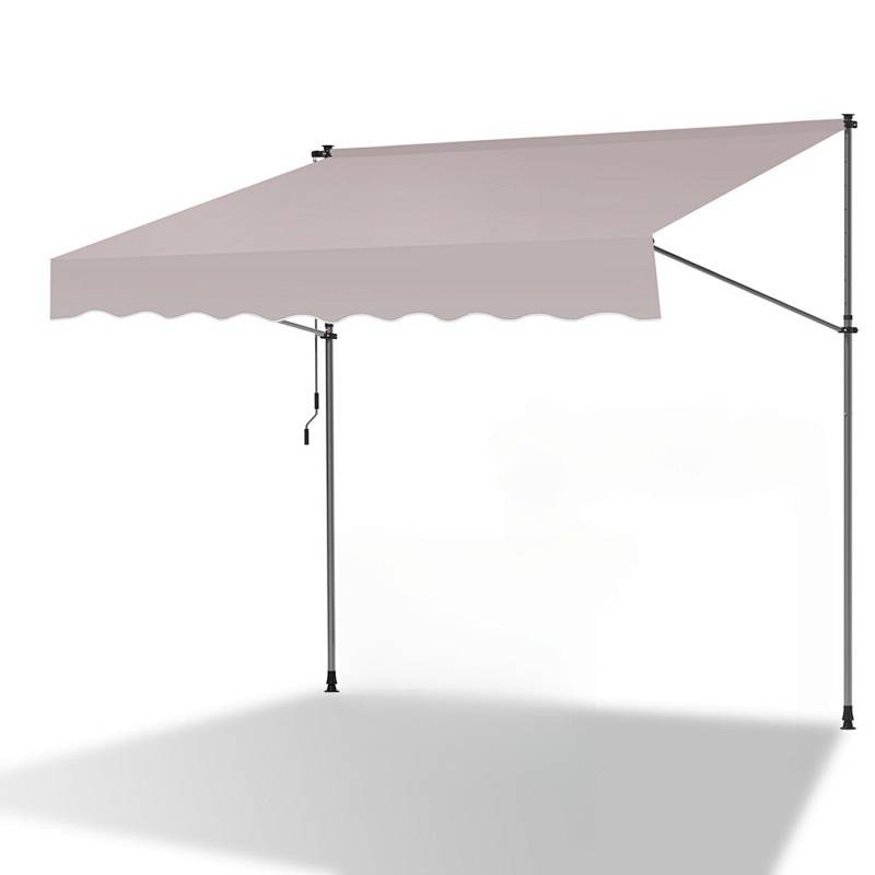 Ein hellfarbig gefärbtes einziehbares Markisensystem mit zwei Stützpfosten, das für den Außenbereich konzipiert ist und Schatten sowie Schutz bietet.