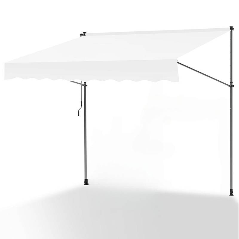 Eine weiße ausfahrbare Markise, gestützt durch zwei Pfosten, spendet Schatten. Geeignet für Terrassen oder Außenbereiche.