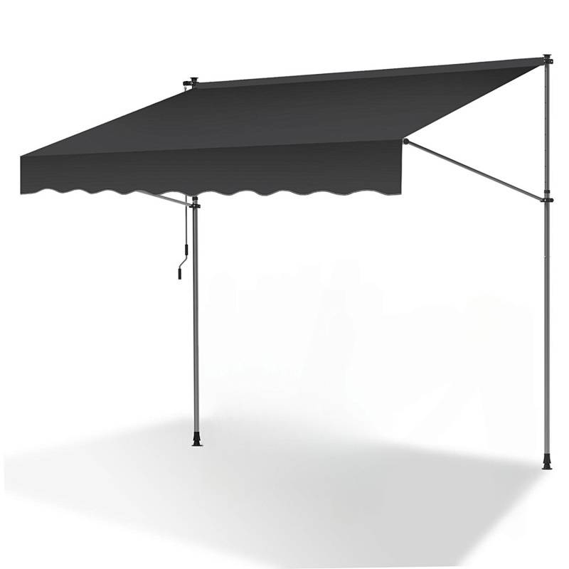 Eine schwarze Markise mit ausfahrbarem Mechanismus und geschweiften Kanten wird von zwei Pfosten gestützt und spendet Schatten.