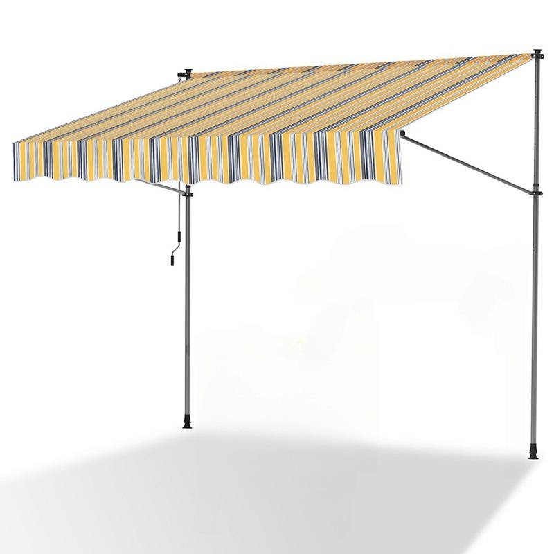 „Gelb-blau gestreifter einziehbarer Markise mit zwei ausgefahrenen Stützpfosten auf jeder Seite vor weißem Hintergrund.