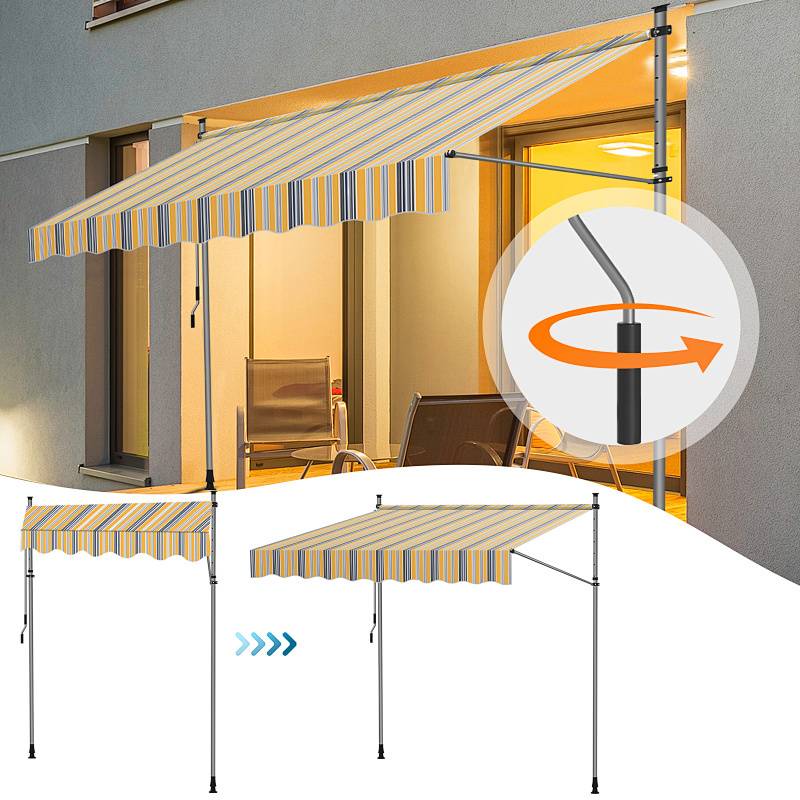 Ausfahrbare gestreifte Markise erstreckt sich über einen Terrassenbereich und zeigt die Verstellmöglichkeit. Dazu gehört ein Symbol, das die Benutzerfreundlichkeit mit Kurbel anzeigt.