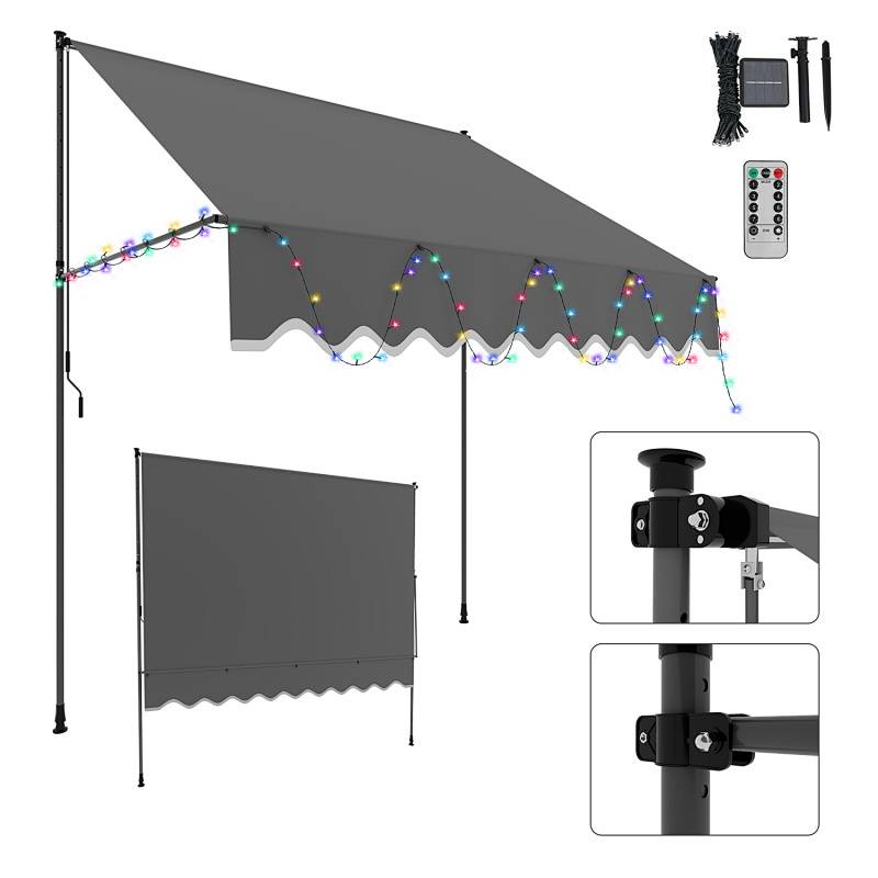 Einziehbare Markise mit farbigen Lichterketten, Wandmontage-Halterungen. Inklusive Fernbedienung, Montagezubehör und Bedienungsanleitung.
