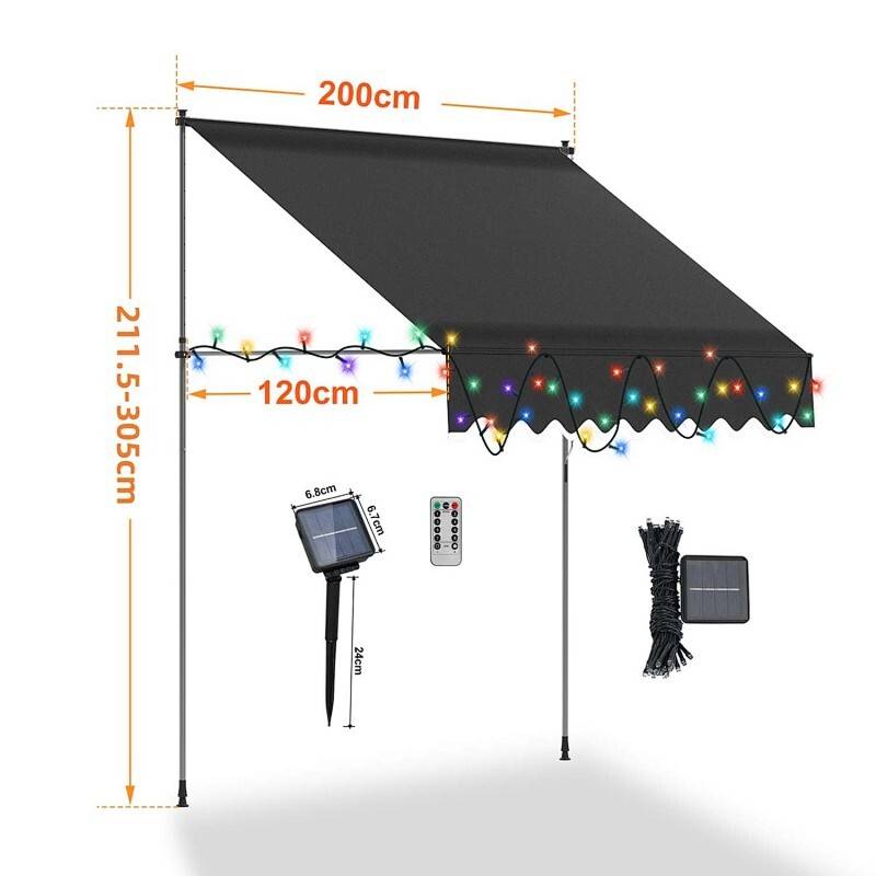 Eine ausfahrbare Markise mit mehrfarbigen Lichtern, einer Fernbedienung und Solarpanel, Abmessungen angegeben als 200 cm x 120 cm und Höhe verstellbar von 211,5-305 cm.