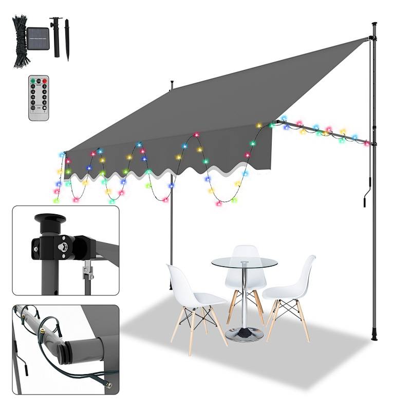 Ein ausfahrbares Außenzelt mit LED-Leuchten, Fernbedienung und Solarpanel. Beinhaltet einen kleinen Tisch mit vier Stühlen darunter.