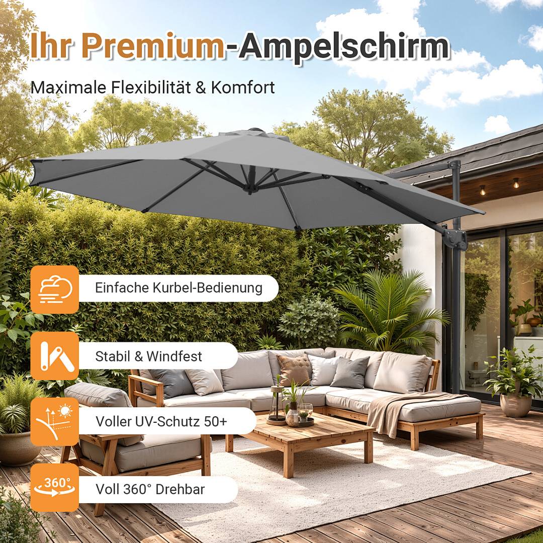 Ein grauer Terrassenschirm spendet Schatten über einen modernen Außensitzbereich mit einem Holztisch und Pflanzen. Der Text hebt die folgenden Eigenschaften hervor: „Einfache Kurbelbedienung