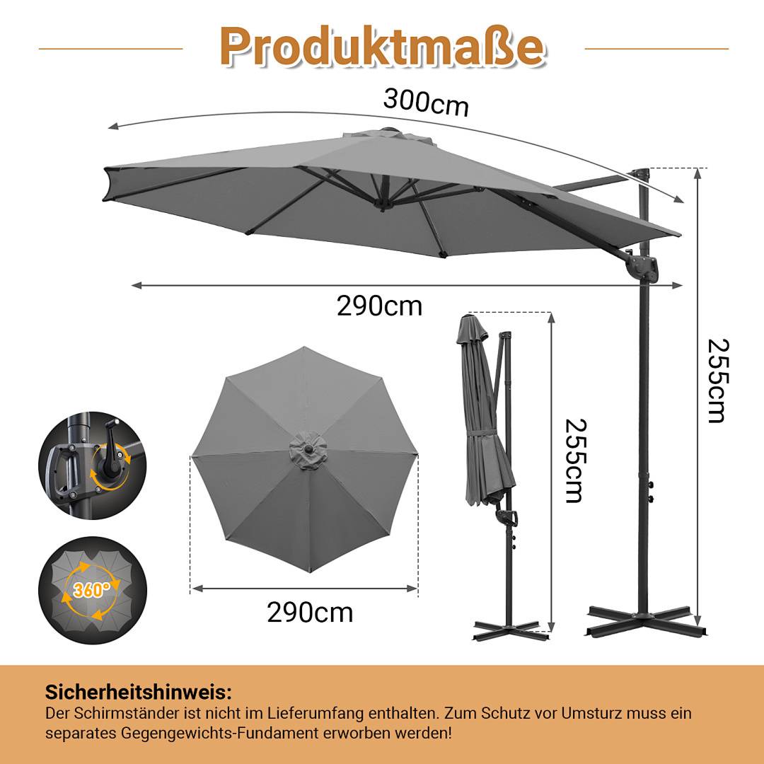 Produktmaße' Bild, das einen großen grauen Sonnenschirm zeigt. Abmessungen: 300 cm breit, 290 cm Durchmesser, 255 cm hoch. Zeigt geschlossene Ansicht und Verbindungsdetail. Der Text weist darauf hin, dass ein separater Ständer für Stabilität erforderlich ist.