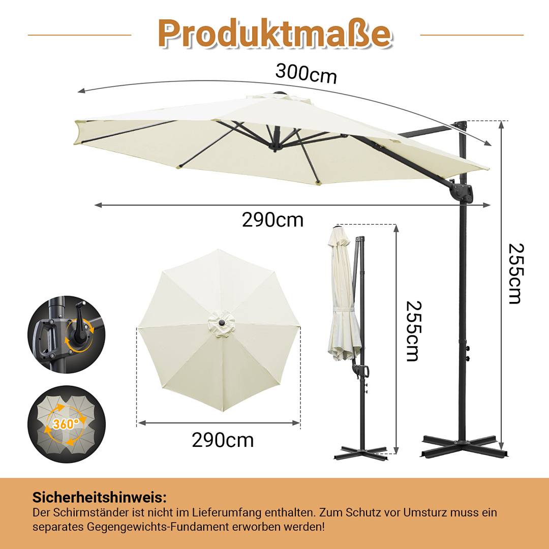 Produktmaße' - Diagramm, das die Abmessungen eines Terrassenschirms zeigt: 300 cm breit, 290 cm tief und 255 cm hoch. Enthält eine Sicherheitsmitteilung auf Deutsch über ein erforderliches Gegengewicht.