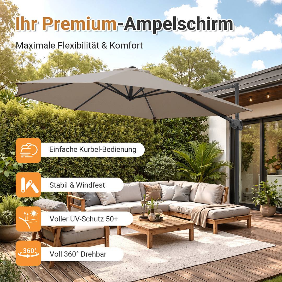 Ein Außenpatio mit einem großen Schirmdach spendet Schatten für ein Ecksofa und einen Tisch. Der Text hebt folgende Merkmale hervor: „Einfache Kurbelkurbel