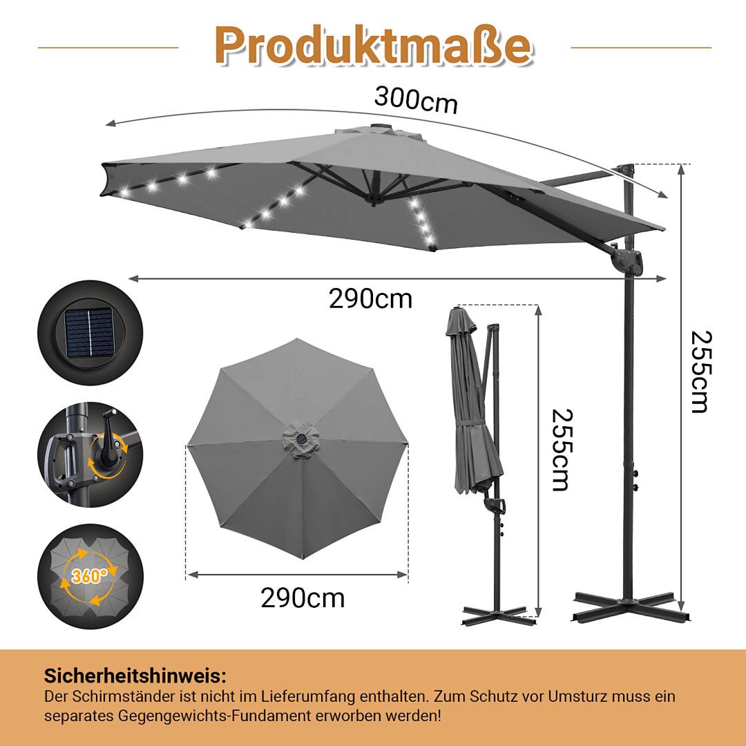 Terrassensonnenschirm Abmessungen: 300 cm breit, 290 cm tief, 255 cm hoch. Merkmale: LED-Leuchten, Solarpanel, 360-Grad-Drehung. Ständer nicht enthalten.