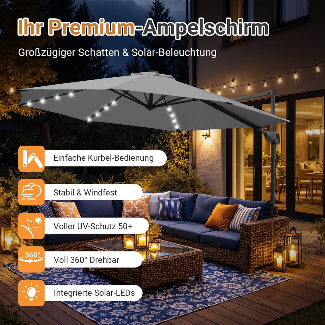 Gartenszene mit einem großen Sonnenschirm mit solarbetriebenen LEDs. Der Text hebt die Merkmale hervor: einfache Handkurbel, stabil, UV-Schutz, 360°-Drehung.