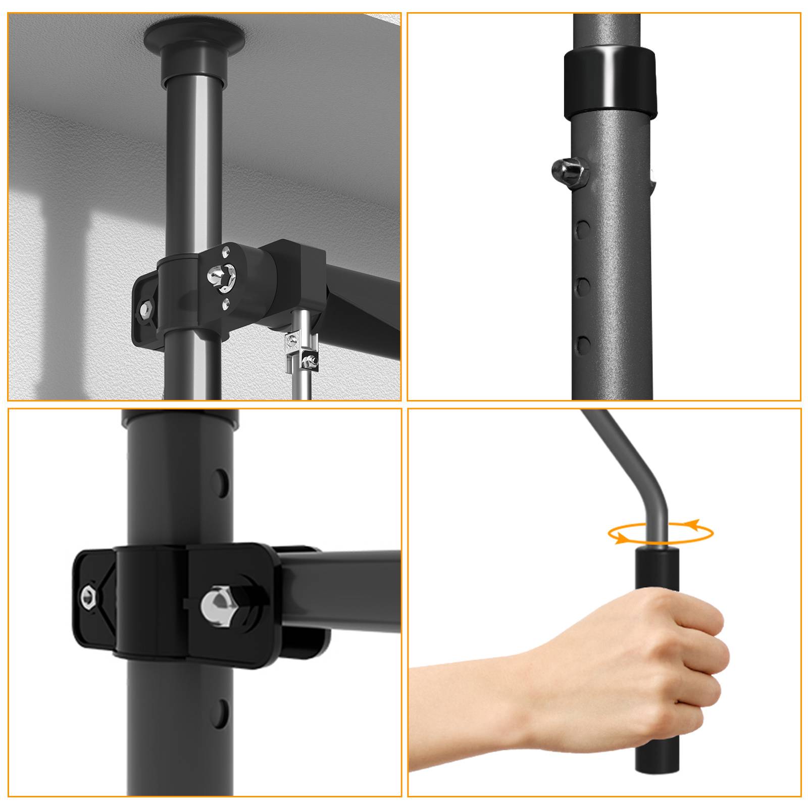 Highlights der Installation einer Heimzug-Stange: Nahaufnahmen von Bolzen, die den Rahmen sichern, verstellbare Höheneinstellungen, ein Verriegelungsmechanismus und ein Handgriff zur Stabilisierung.