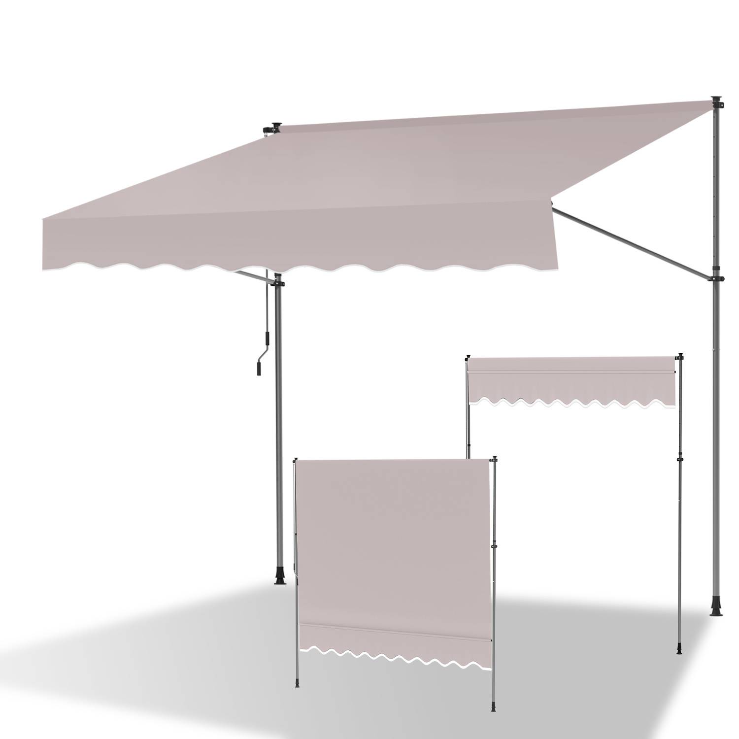 Ausfahrbare beige Markise mit Stützrahmen, teilweise ausgefahren dargestellt, wobei Stoff und Metallstützstrukturen hervorgehoben werden.