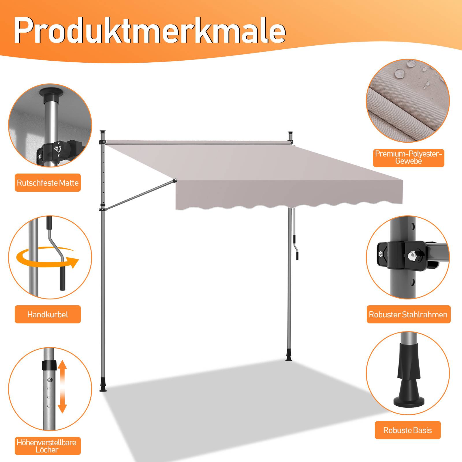 Einziehbarer Markisenstoff mit Stahlrahmen und höhenverstellbaren Löchern. Premium-Polyesterstoff, rutschfeste Matte und robuste Basis.