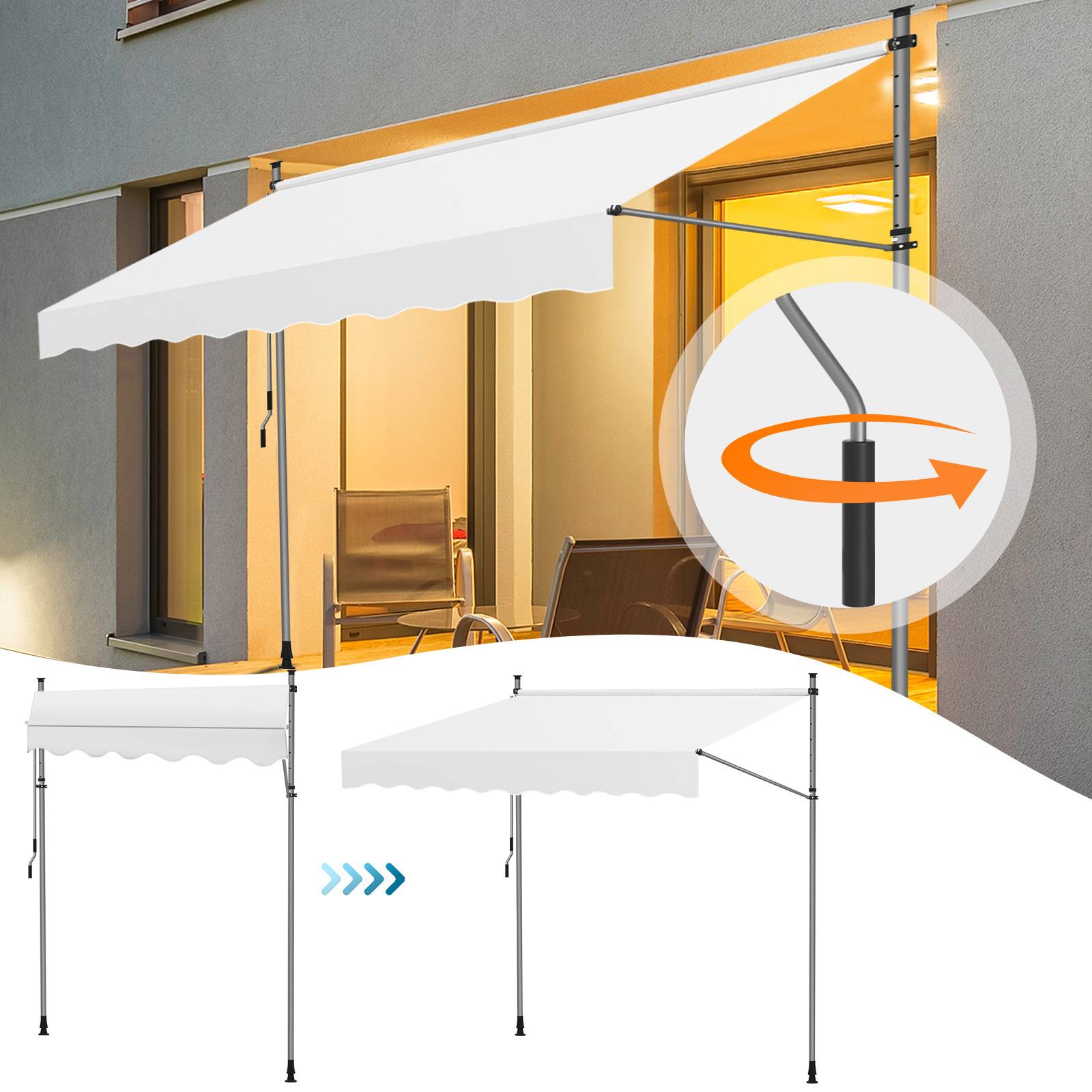 Einziehbare Terrassenmarkise mit Kurbel für manuelle Bedienung, über einem Fenster angebracht und spendend Schatten für einen Außenbereich zum Entspannen.