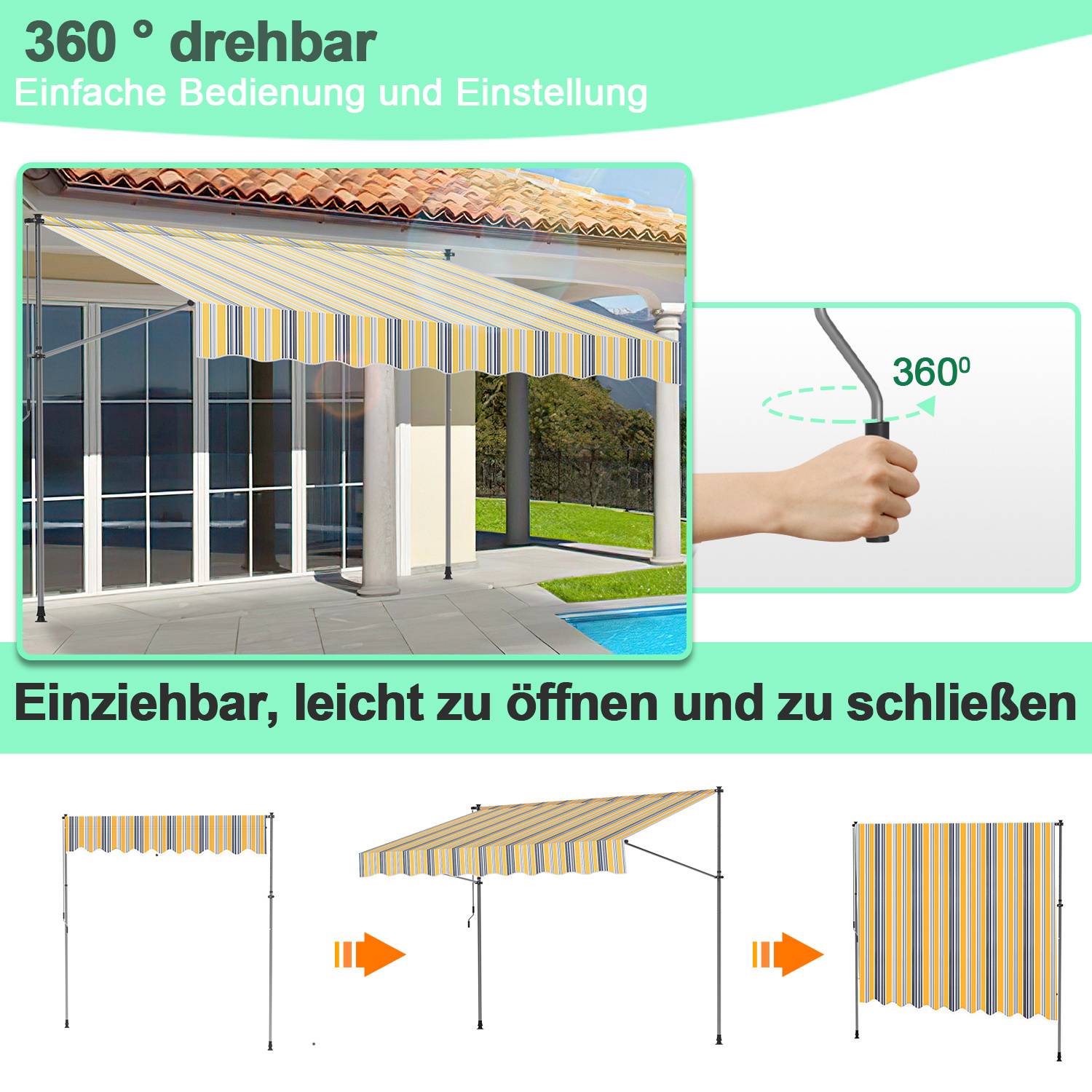 Ein ausfahrbares gelb gestreiftes Markise erstreckt sich über eine Terrasse und zeigt eine 360-Grad-Drehfunktion. Der deutsche Text hebt ihre Benutzerfreundlichkeit hervor.