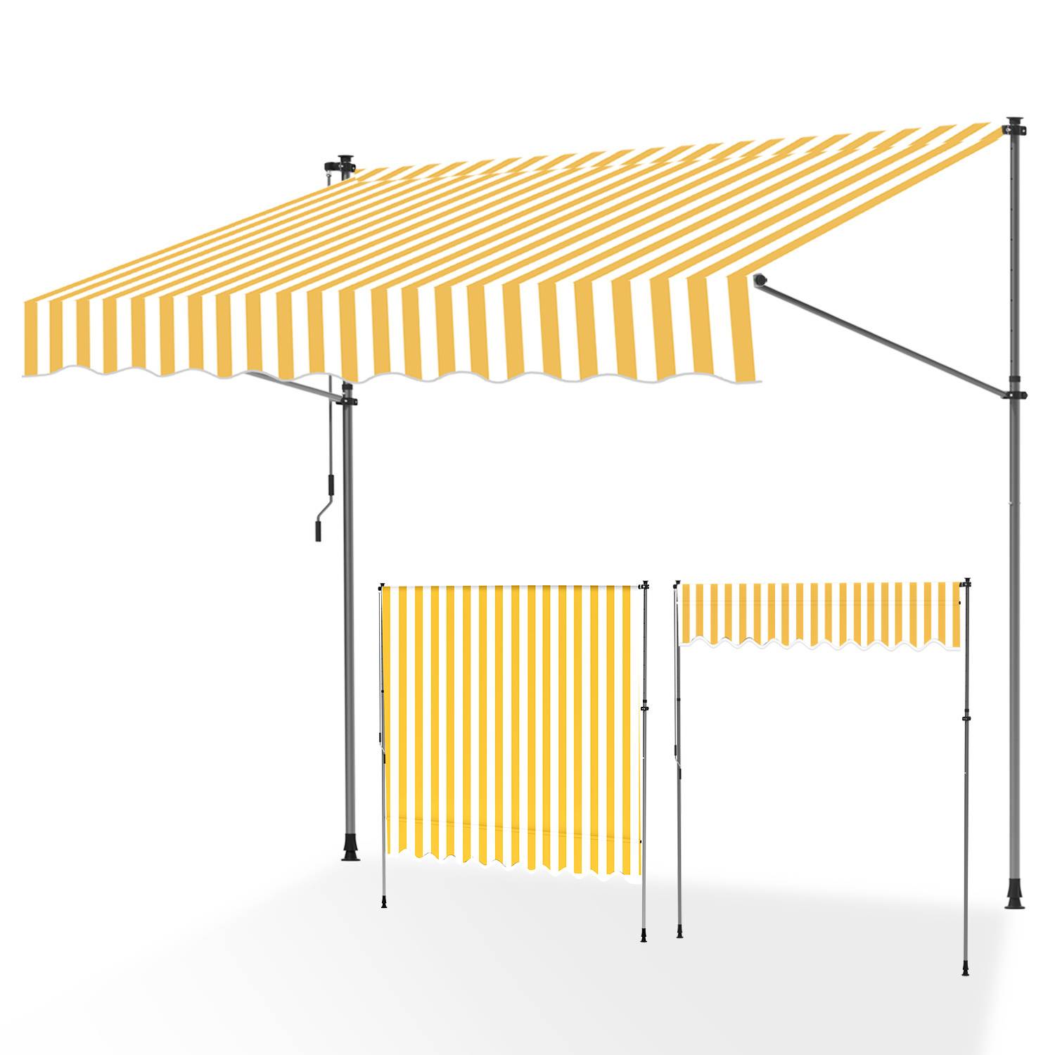 Ein orange-weiß gestreiftes Markisensatz bestehend aus einem großen Baldachin, einer Sichtschutzwand und einer Volante. Geeignet zum Sonnenschutz und zur Privatsphäre im Freien.