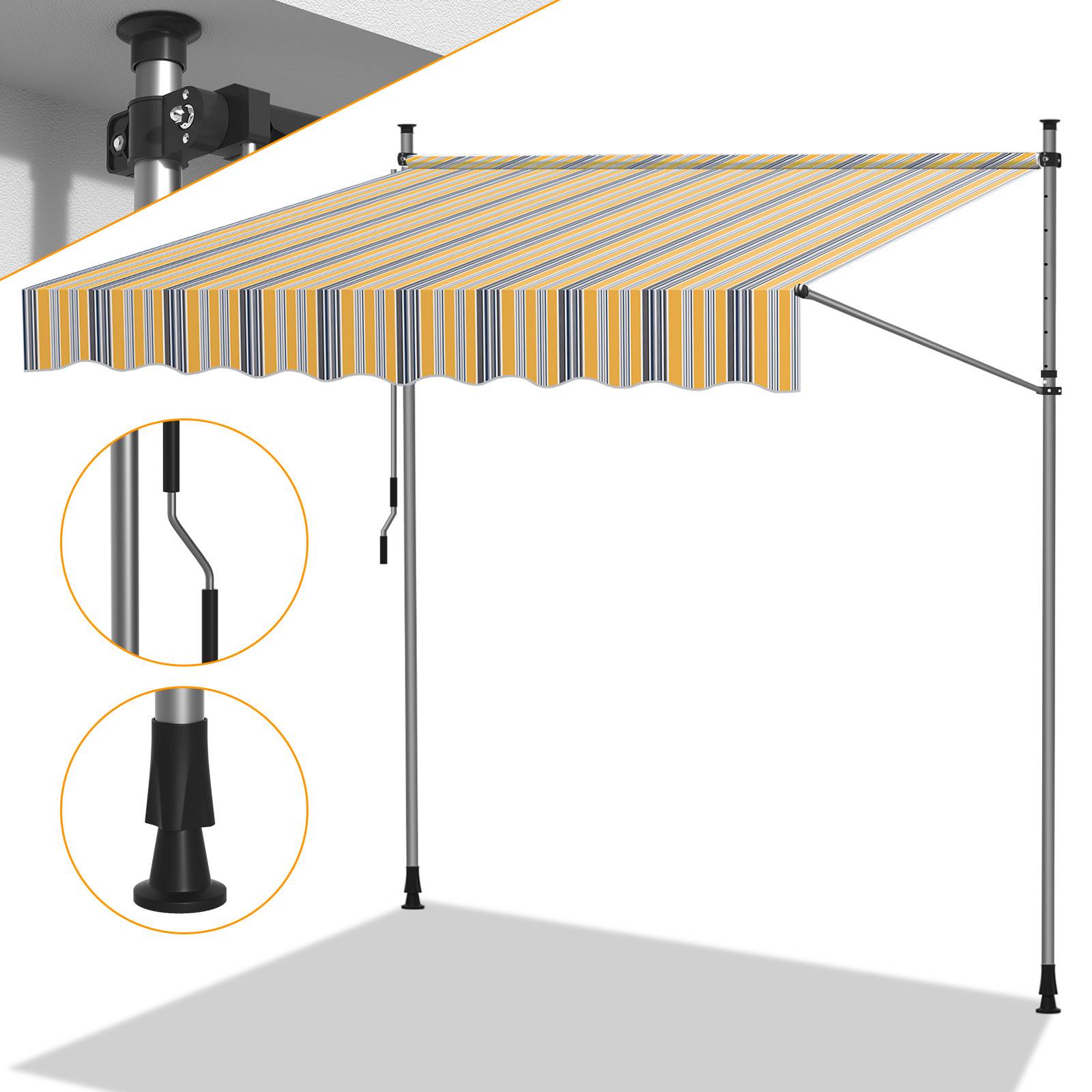 Ein gestreiftes ausfahrbares Markise wird auf Metallstangen ausgefahren gezeigt, wobei ein Handkurbelmechanismus in detaillierten Nahaufnahmekreisen dargestellt ist.
