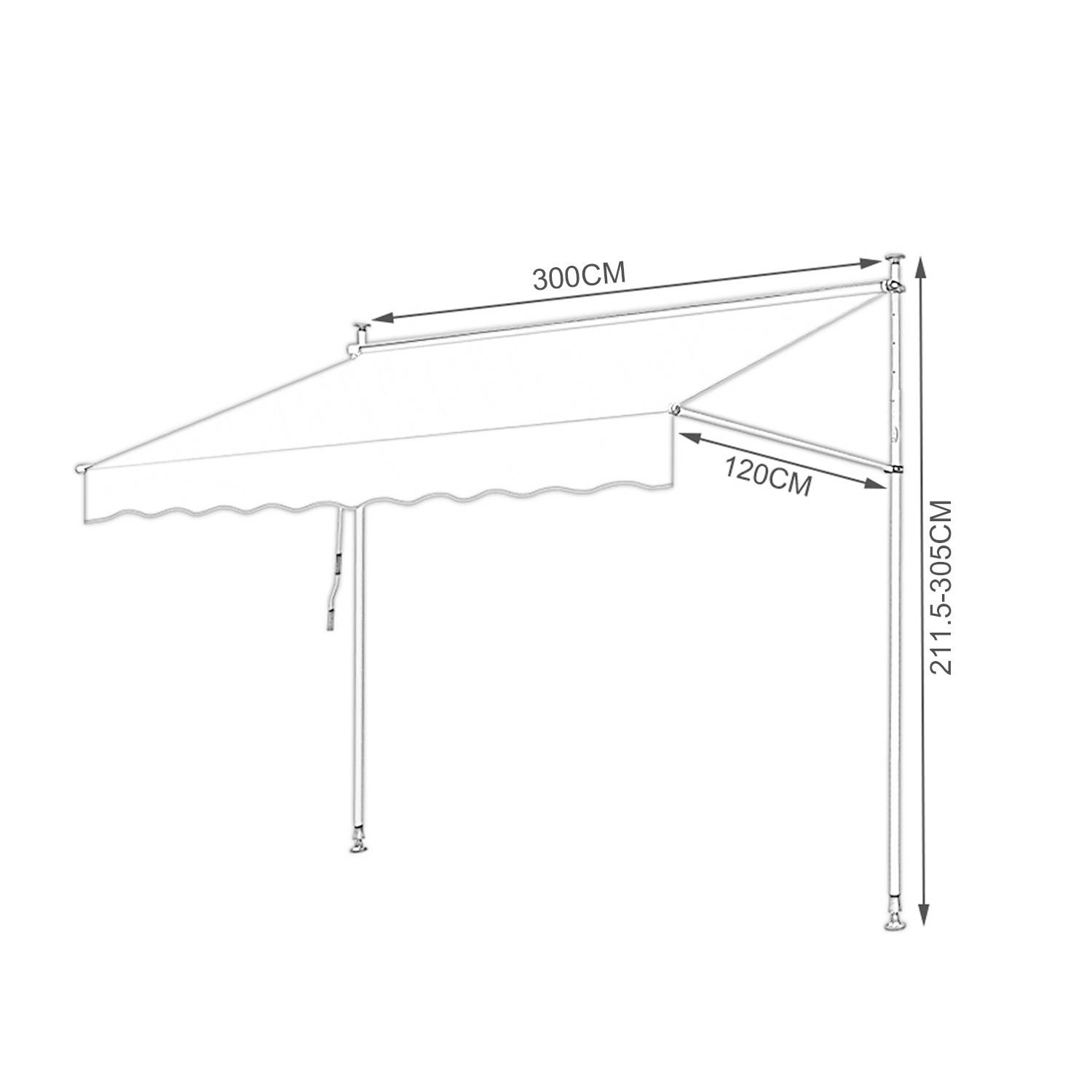 Illustration einer einfahrbaren Markise mit Maßen: 300 cm Breite, 211,5–305 cm Höhe und 120 cm Tiefe.