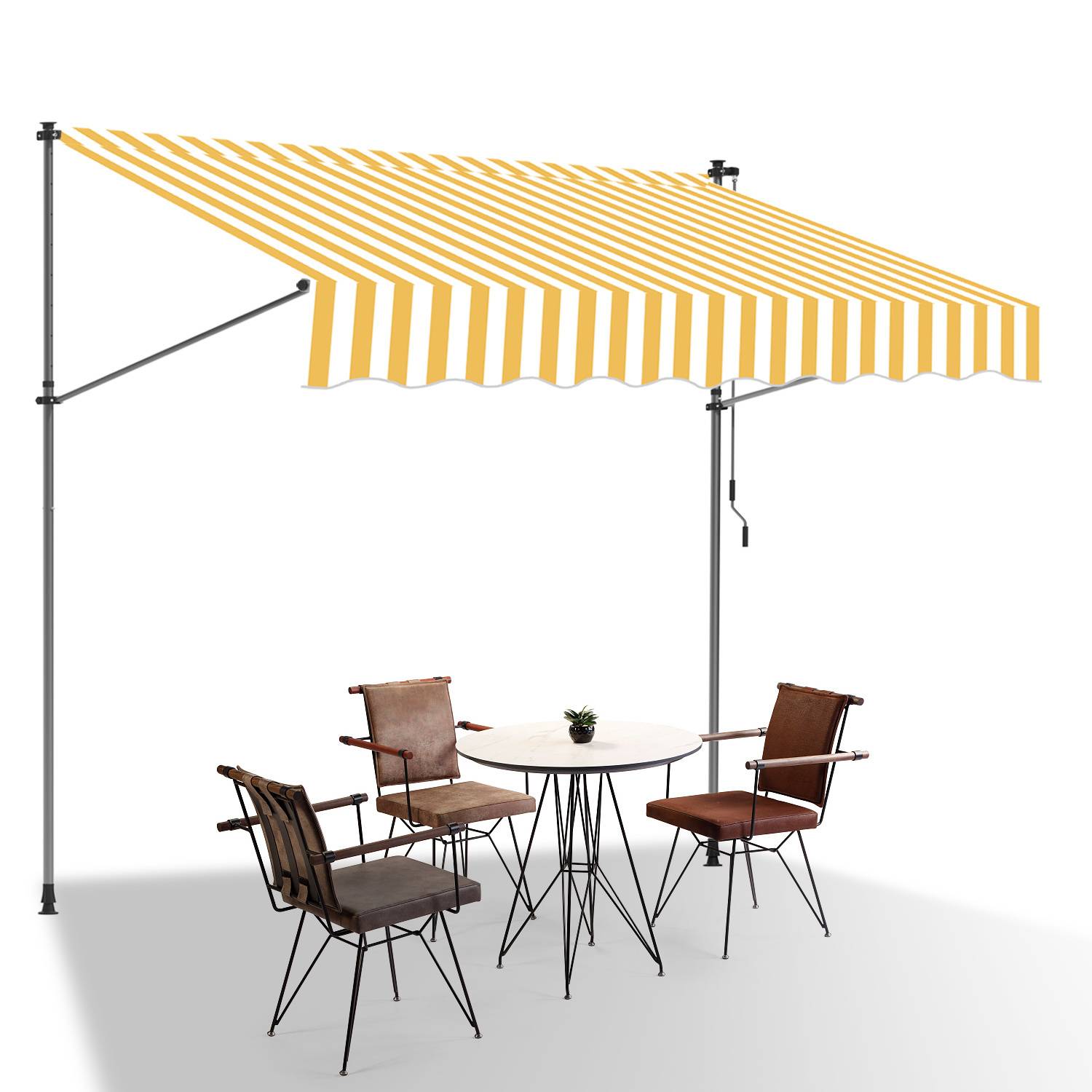 Ein Satz aus vier Stühlen und einem runden Tisch steht unter einer gelb-weiß gestreiften Markise und bietet einen schattigen Außensitzbereich.