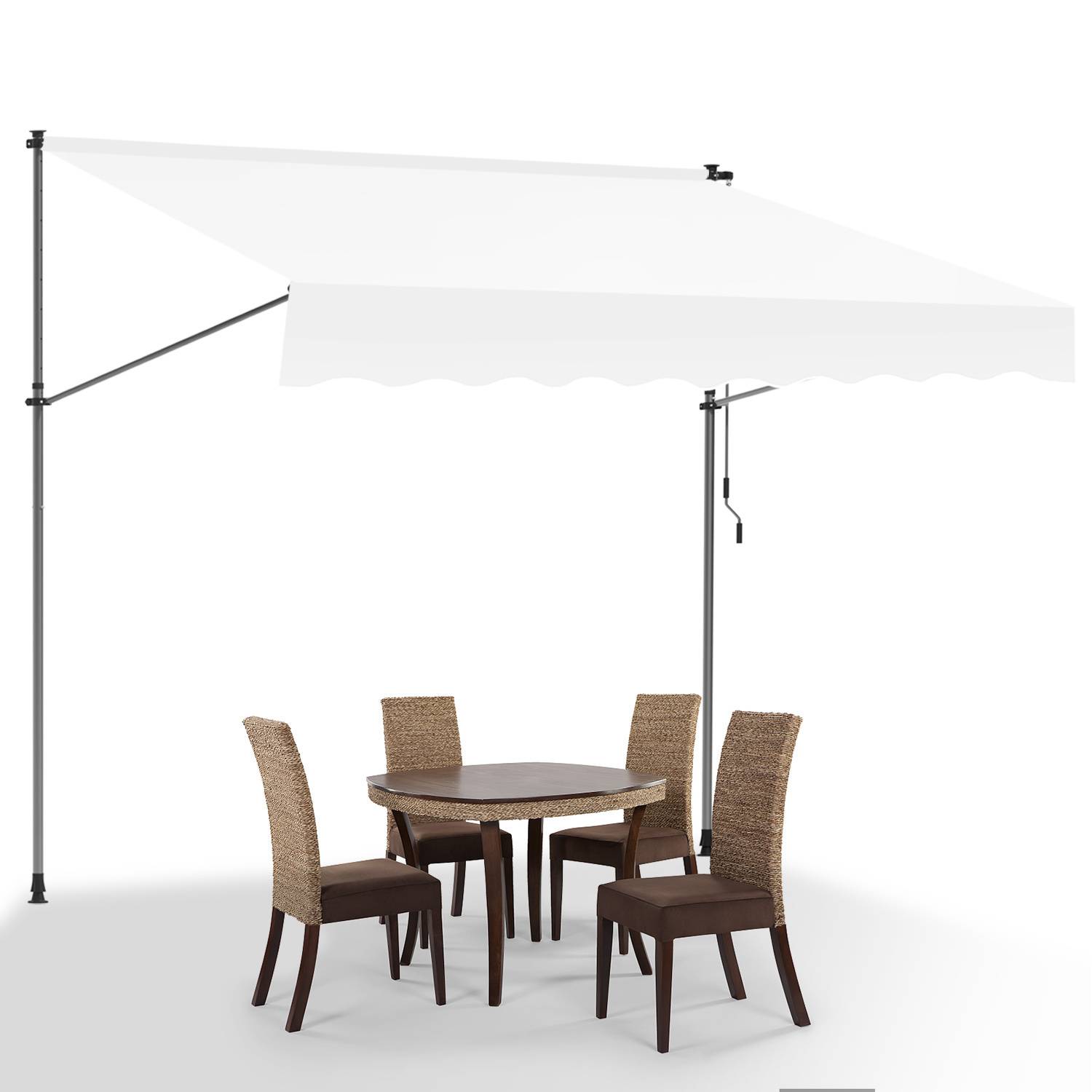 Esszimmer-Set im Freien unter einem rechteckigen weißen Baldachin mit einem runden Holztisch und vier Korbstühlen, was auf eine Terrasseneinrichtung hindeutet.