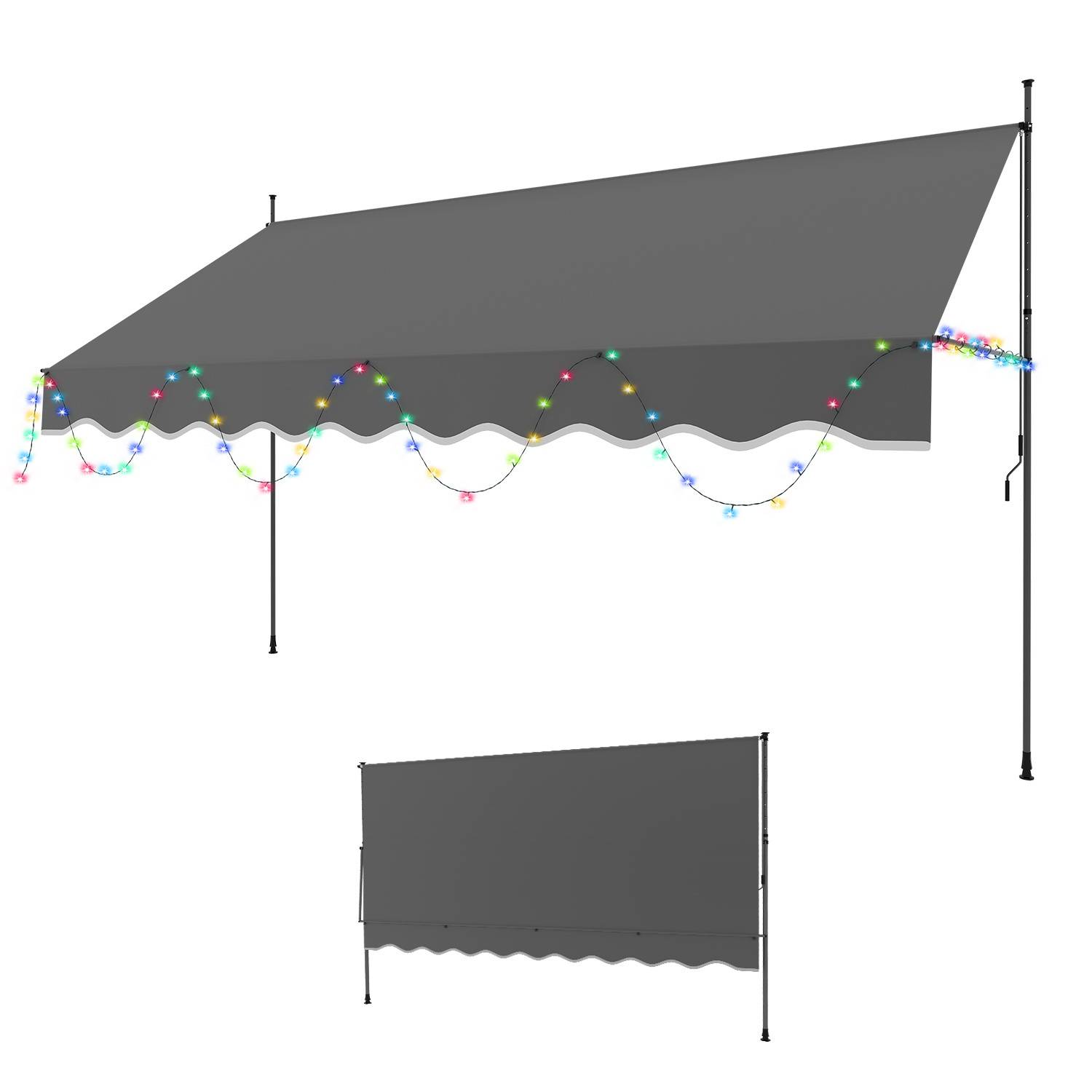 Eine Illustration eines grauen Markisendachs, das mit bunten Lichterketten geschmückt ist und sowohl in ausgefahrenem als auch in eingefahrenem Zustand dargestellt wird, typischerweise zum Schutz vor Sonnenschein im Freien verwendet.